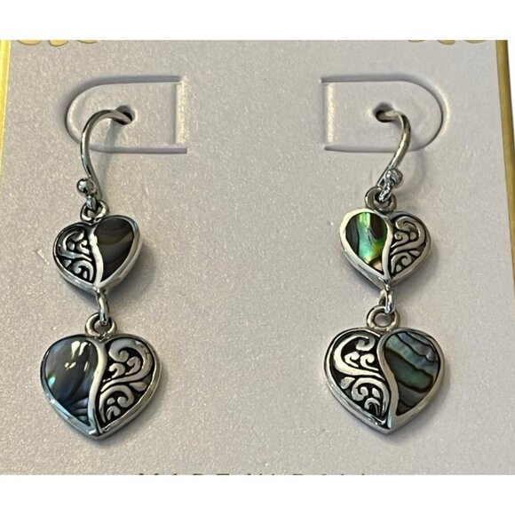Annika Witt Bali Sterling Silver Abalone Double Heart Dangle Earrings NWT - Picture 2 of 3